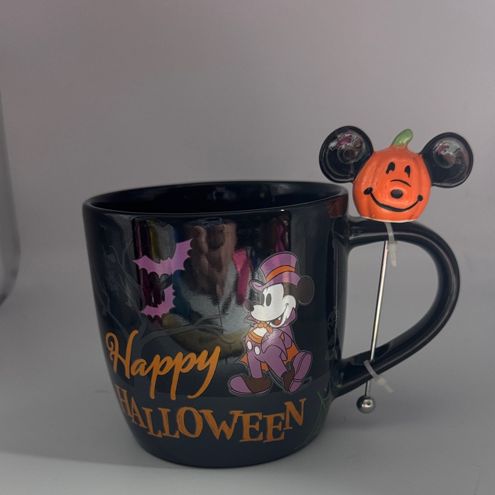 Disney Black Happy Halloween Mug with Pumpkin Stirrer